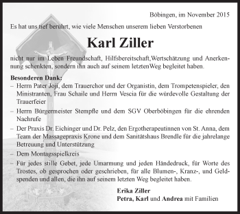 Traueranzeige von Karl Ziller von Gmünder Tagespost