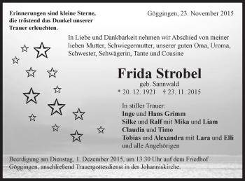 Traueranzeige von Frida Strobel von Gmünder Tagespost