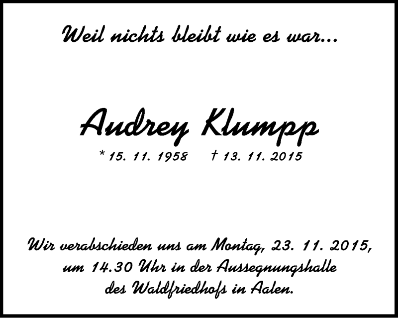 Traueranzeige für Andrey Klumpp vom 19.11.2015 aus Schwäbische Post