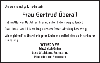 Traueranzeige von Gertrud Überall von Gmünder Tagespost