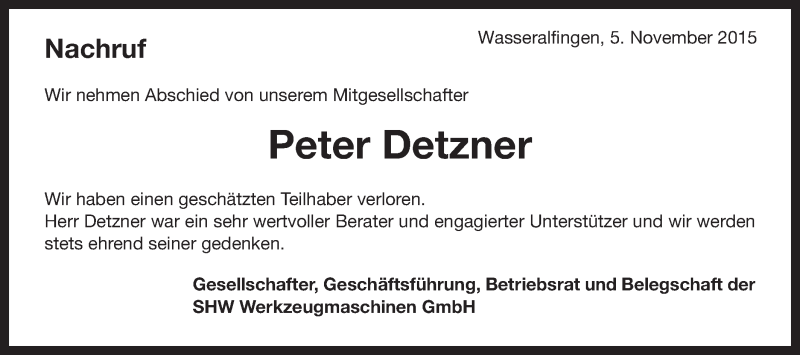  Traueranzeige für Peter Detzner vom 05.11.2015 aus Schwäbische Post