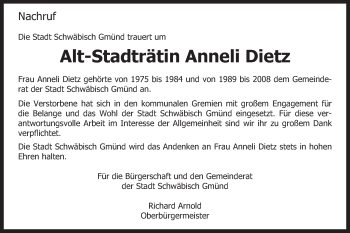 Traueranzeige von Anneli Dietz von Gmünder Tagespost