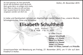 Traueranzeige von Elisabeth Schultheiß von Schwäbische Post