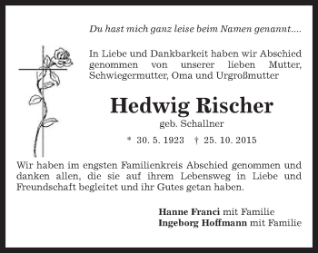 Traueranzeige von Hedwig Rischer von Gmünder Tagespost