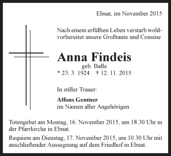 Traueranzeige von Anna Findeis von Schwäbische Post