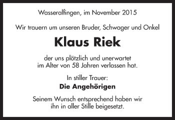 Traueranzeige von Klaus Riek von Schwäbische Post