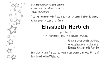 Traueranzeige von Elisabeth Herbich von Gmünder Tagespost