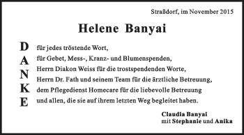 Traueranzeige von Helene Banyai von Gmünder Tagespost