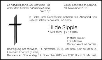 Traueranzeige von Hilde Sipple von Gmünder Tagespost