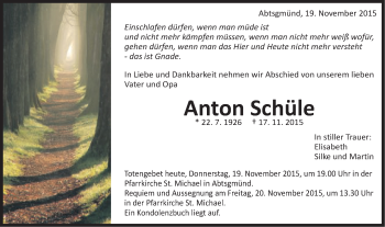 Traueranzeige von Anton Schüle von Schwäbische Post