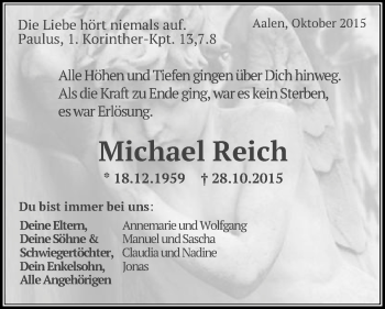 Traueranzeige von Michael Reich von Schwäbische Post