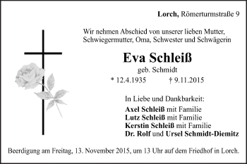 Traueranzeige von Eva Schleiß von Gmünder Tagespost