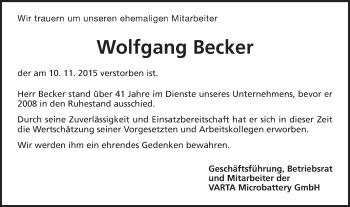 Traueranzeige von Wolfgang Becker von Schwäbische Post