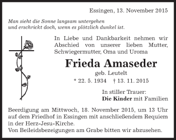 Traueranzeige von Frieda Amaseder von Schwäbische Post