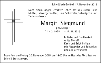 Traueranzeige von Margit Siegmund von Gmünder Tagespost