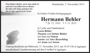 Traueranzeige von Hermann Behler