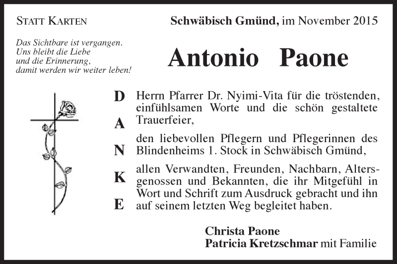  Traueranzeige für Antonio Paone vom 11.11.2015 aus Gmünder Tagespost