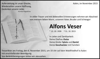 Traueranzeige von Alfons Veser von Schwäbische Post