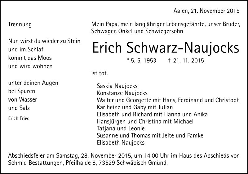  Traueranzeige für Erich Schwarz-Naujocks vom 23.11.2015 aus Schwäbische Post
