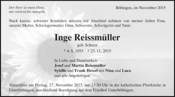Traueranzeige von Inge Reissmüller von Gmünder Tagespost