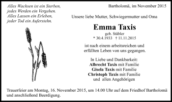 Traueranzeige von Emma Taxis von Gmünder Tagespost