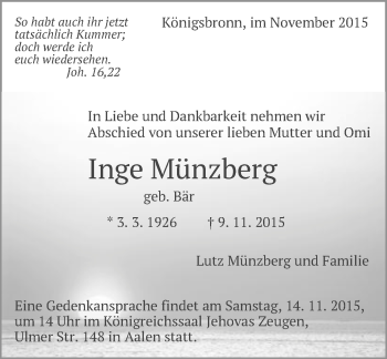 Traueranzeige von Inge Münzberg von Schwäbische Post