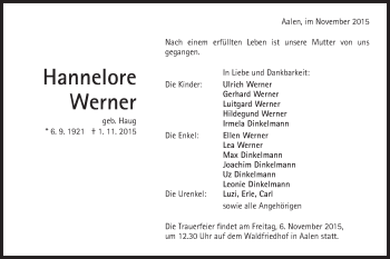 Traueranzeige von Hannelore Werner von Schwäbische Post