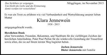 Traueranzeige von Klara Jennewein von Gmünder Tagespost