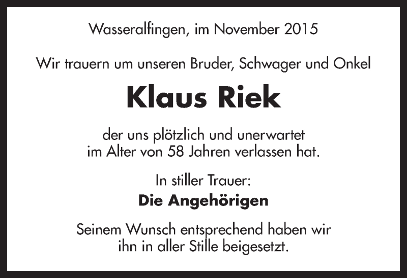  Traueranzeige für Klaus Riek vom 20.11.2015 aus Schwäbische Post