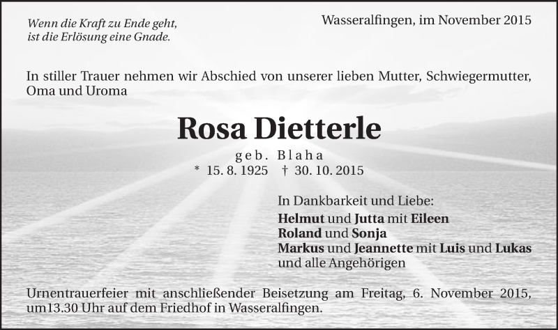 Traueranzeige für Rosa Dietterle vom 04.11.2015 aus Schwäbische Post