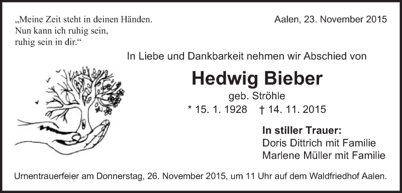  Traueranzeige für Hedwig Bieber vom 23.11.2015 aus Schwäbische Post