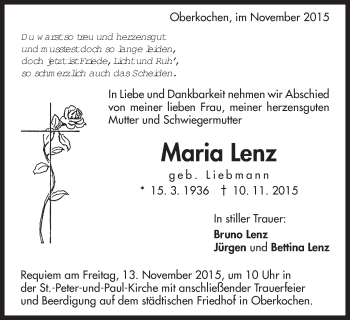 Traueranzeige von Maria Lenz von Schwäbische Post