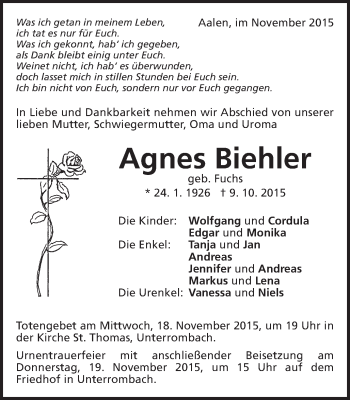 Traueranzeige von Agnes Biehler von Schwäbische Post