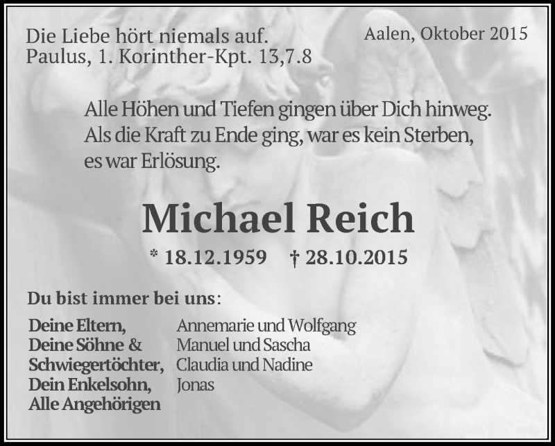  Traueranzeige für Michael Reich vom 02.11.2015 aus Schwäbische Post