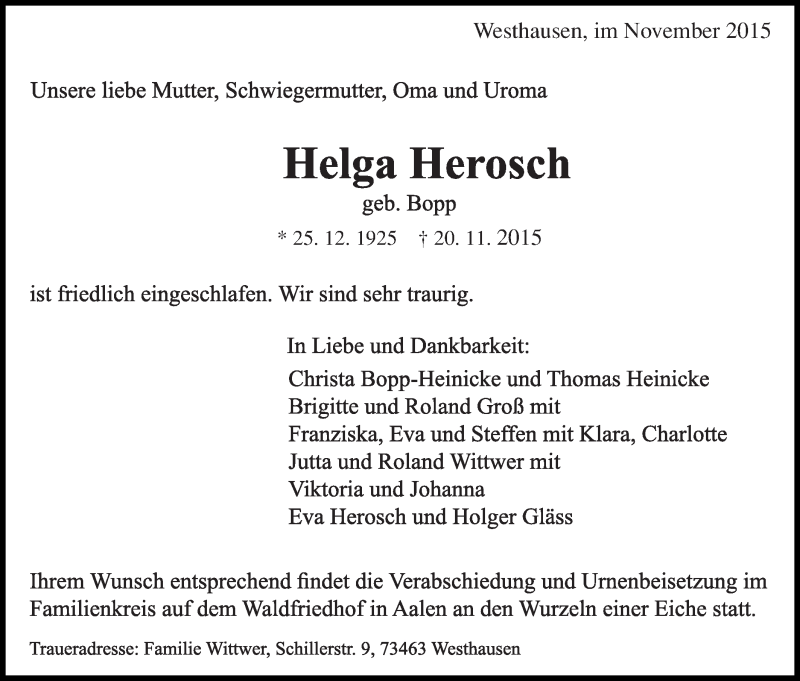  Traueranzeige für Helga Herosch vom 27.11.2015 aus Schwäbische Post