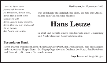 Traueranzeige von Hans Leuze von Gmünder Tagespost