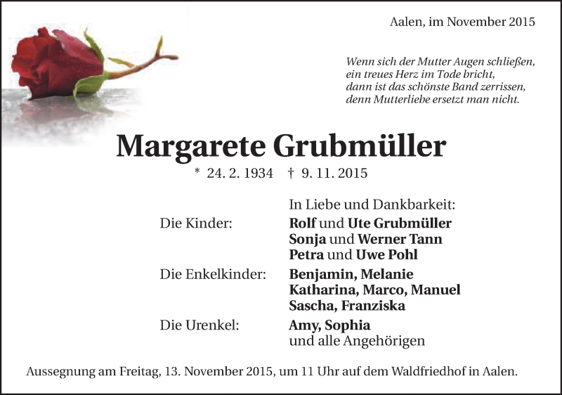 Traueranzeige für Margarete Grubmüller vom 11.11.2015 aus Schwäbische Post