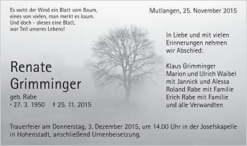 Traueranzeige von Renate Grimminger von Gmünder Tagespost