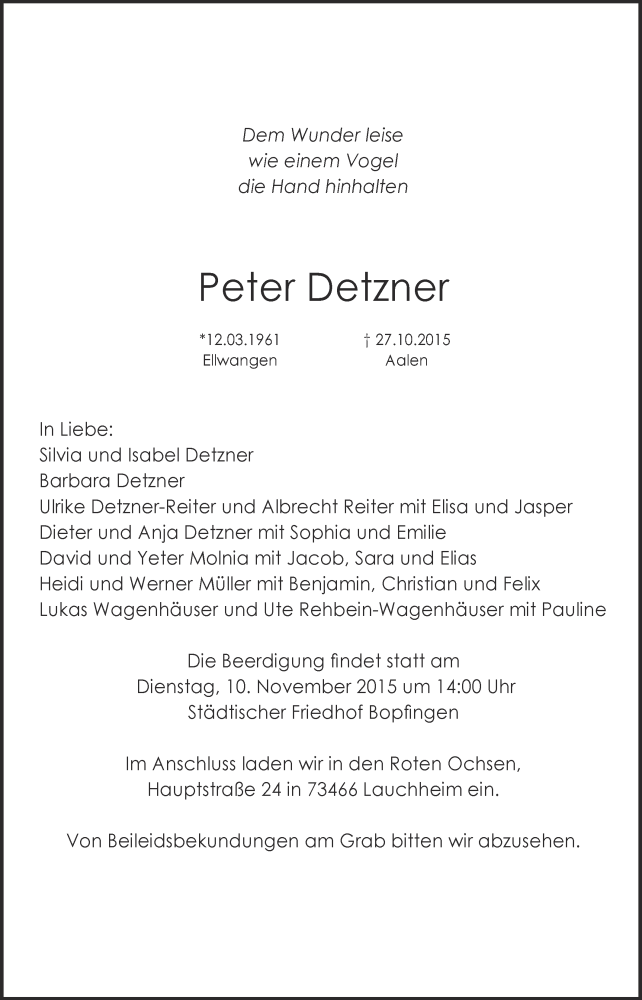  Traueranzeige für Peter Detzner vom 03.11.2015 aus Schwäbische Post
