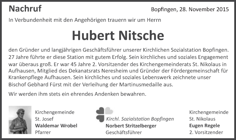  Traueranzeige für Hubert Nitsche vom 28.11.2015 aus Schwäbische Post