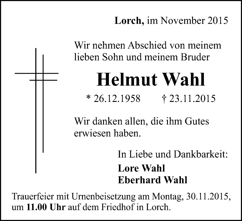  Traueranzeige für Helmut Wahl vom 28.11.2015 aus Gmünder Tagespost