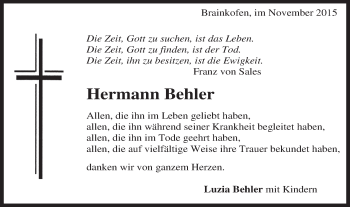 Traueranzeige von Hermann Behler von Gmünder Tagespost