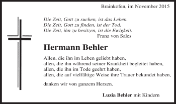 Traueranzeige von Hermann Behler