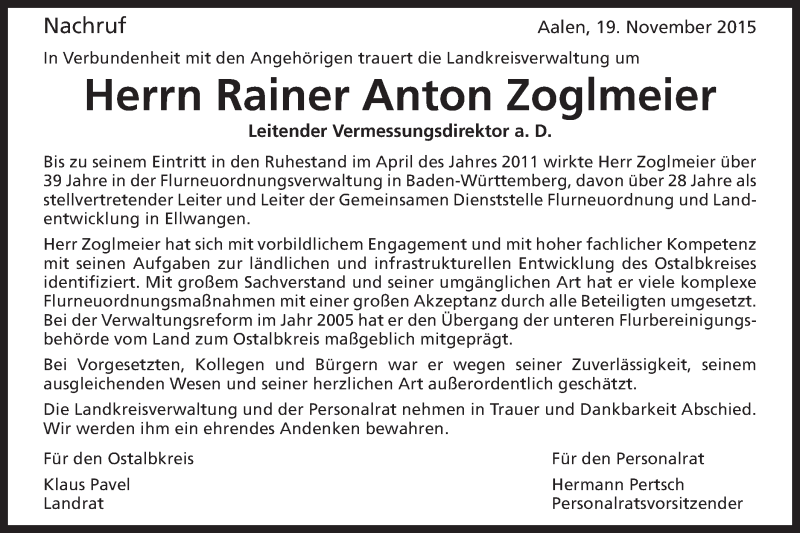  Traueranzeige für Rainer Anton Zoglmeier vom 19.11.2015 aus Schwäbische Post