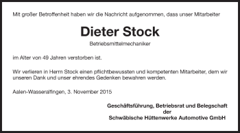 Traueranzeige von Dieter Stock von Schwäbische Post