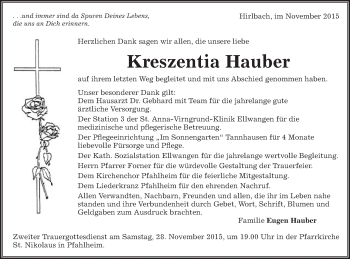 Traueranzeige von Kreszentia Hauber von Schwäbische Post
