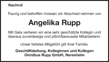 Traueranzeige von Angelika Rupp von Schwäbische Post