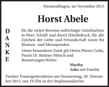 Traueranzeige von Horst Abele von Schwäbische Post