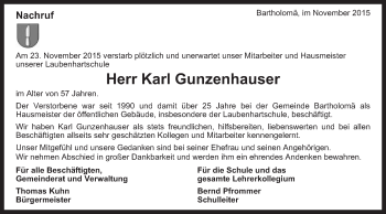 Traueranzeige von Karl Gunzenhauser von Gmünder Tagespost