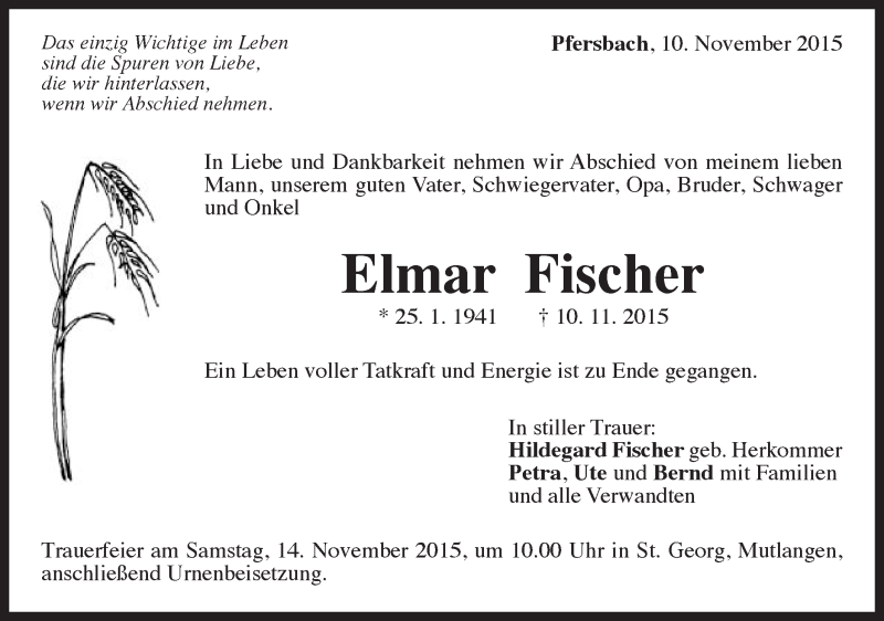  Traueranzeige für Elmar Fischer vom 11.11.2015 aus Gmünder Tagespost